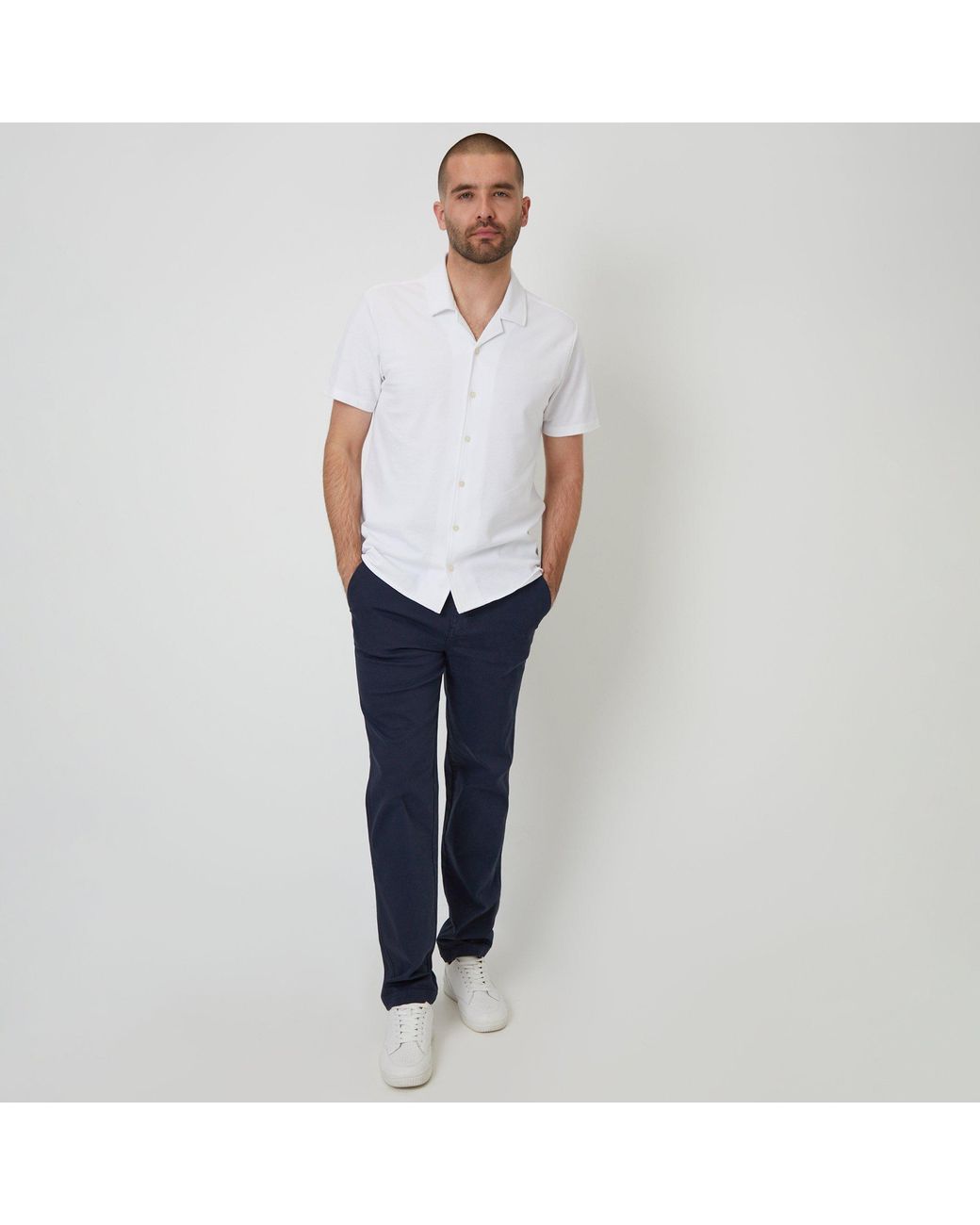Threadbare White Cotton Pique Revere Collar Short Sleeve Shirt for men