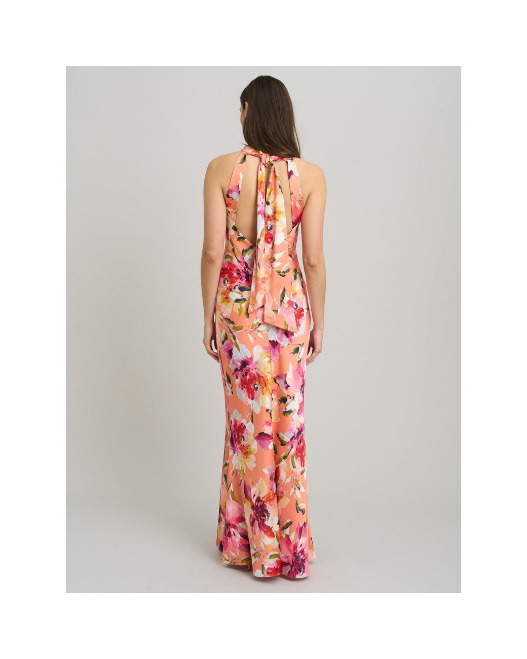 Gina Bacconi White Margo Satin Floral Print Tie Neck Dress