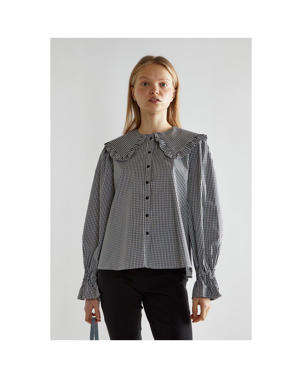 Glamorous Gray Gingham Statement-Collar Blouse