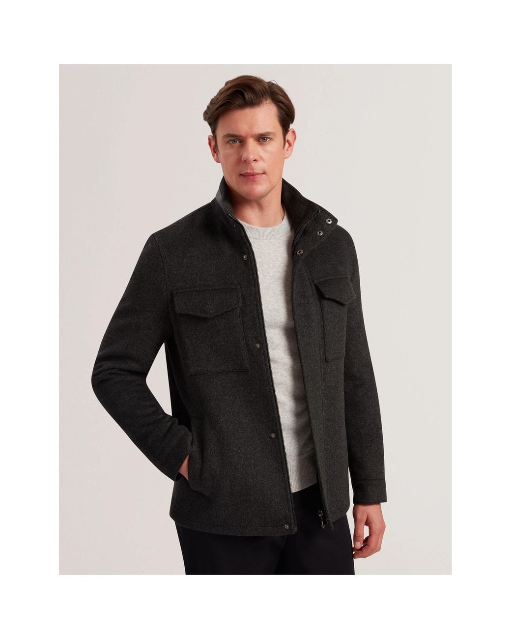 Ted Baker Black Funnel Neck Overcoat for men