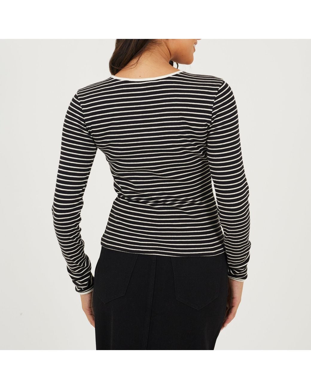 Brave Soul Black Ladies Ribbed Long Sleeve Striped Top