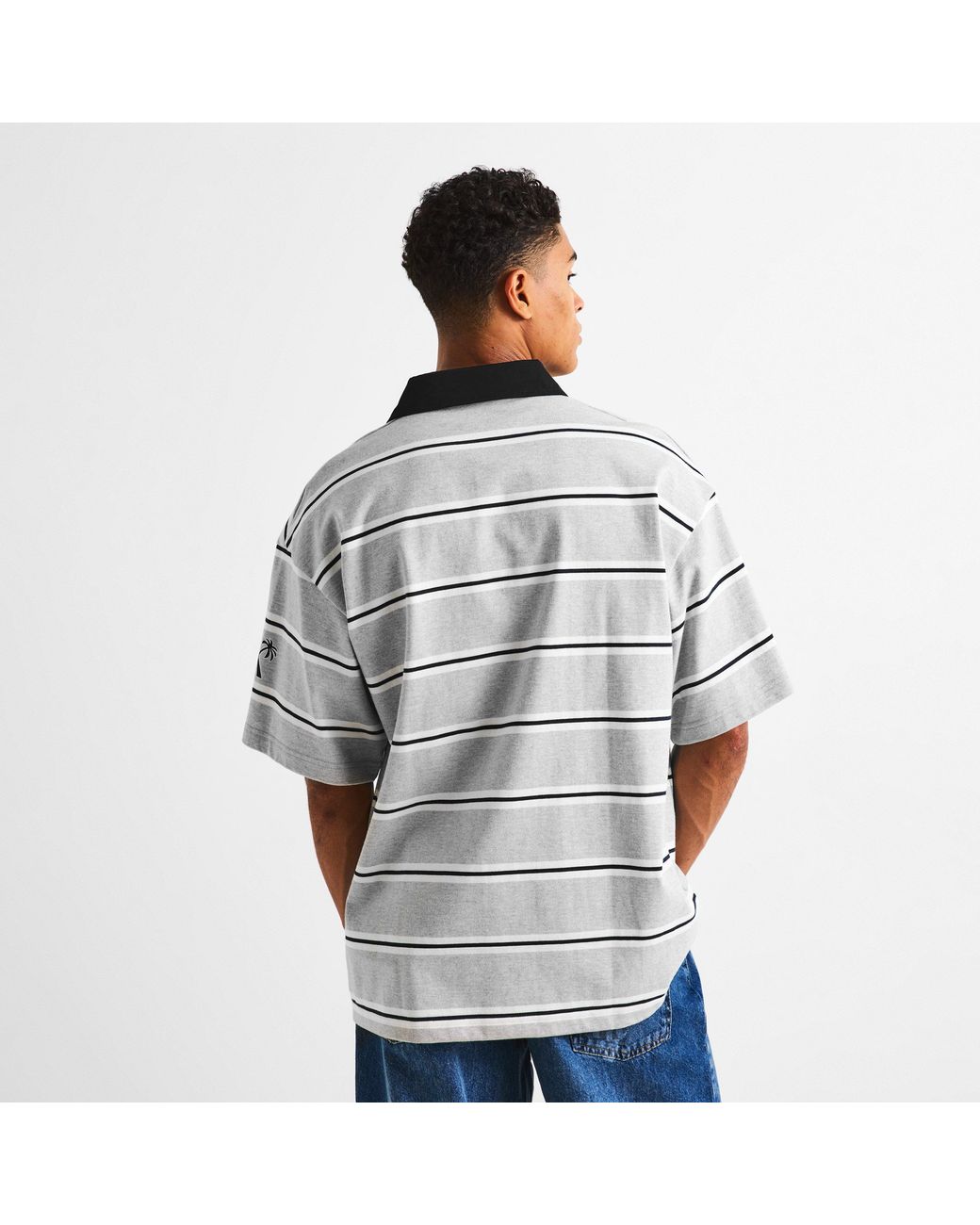 Palm Angels Gray Striped Cotton Oversized-Fit Short-Sleeve Polo Shirt for men