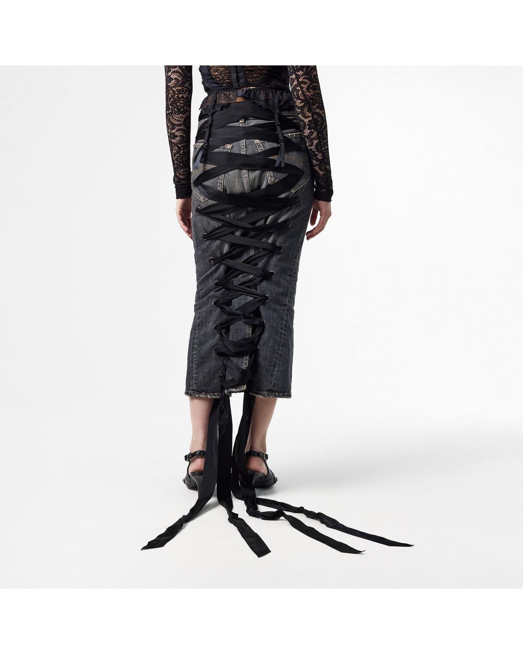 Balenciaga Gray Lace-Up Denim Skirt