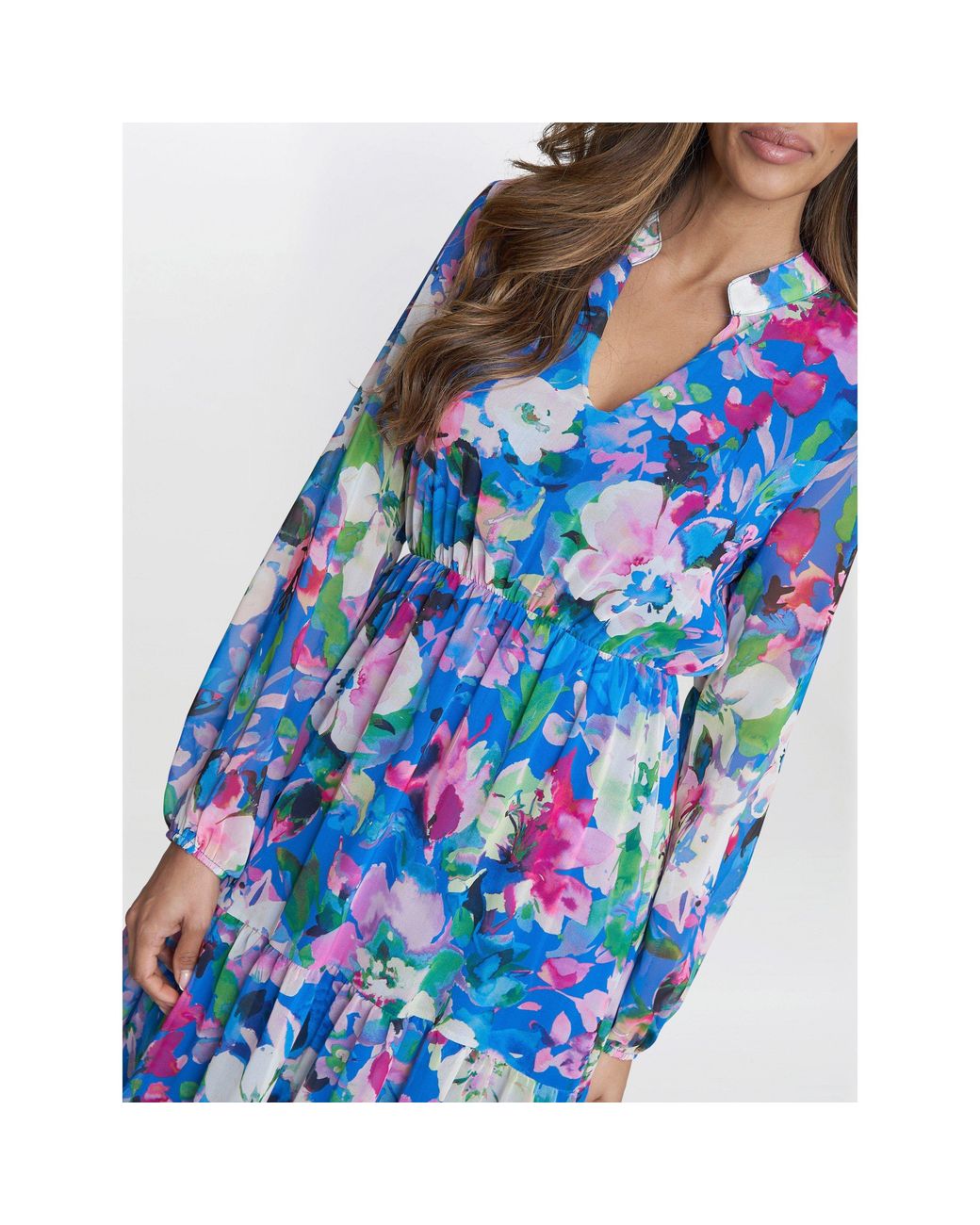 Gina Bacconi Blue Iona Print Stand Collar Dress