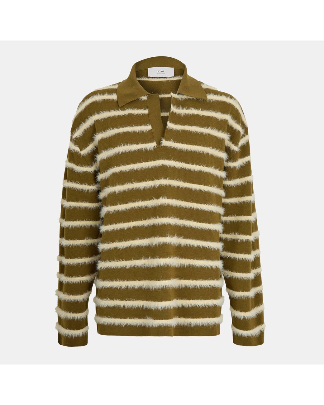 AMI Green Fluffy Knitted Long Sleeve Polo Shirt for men