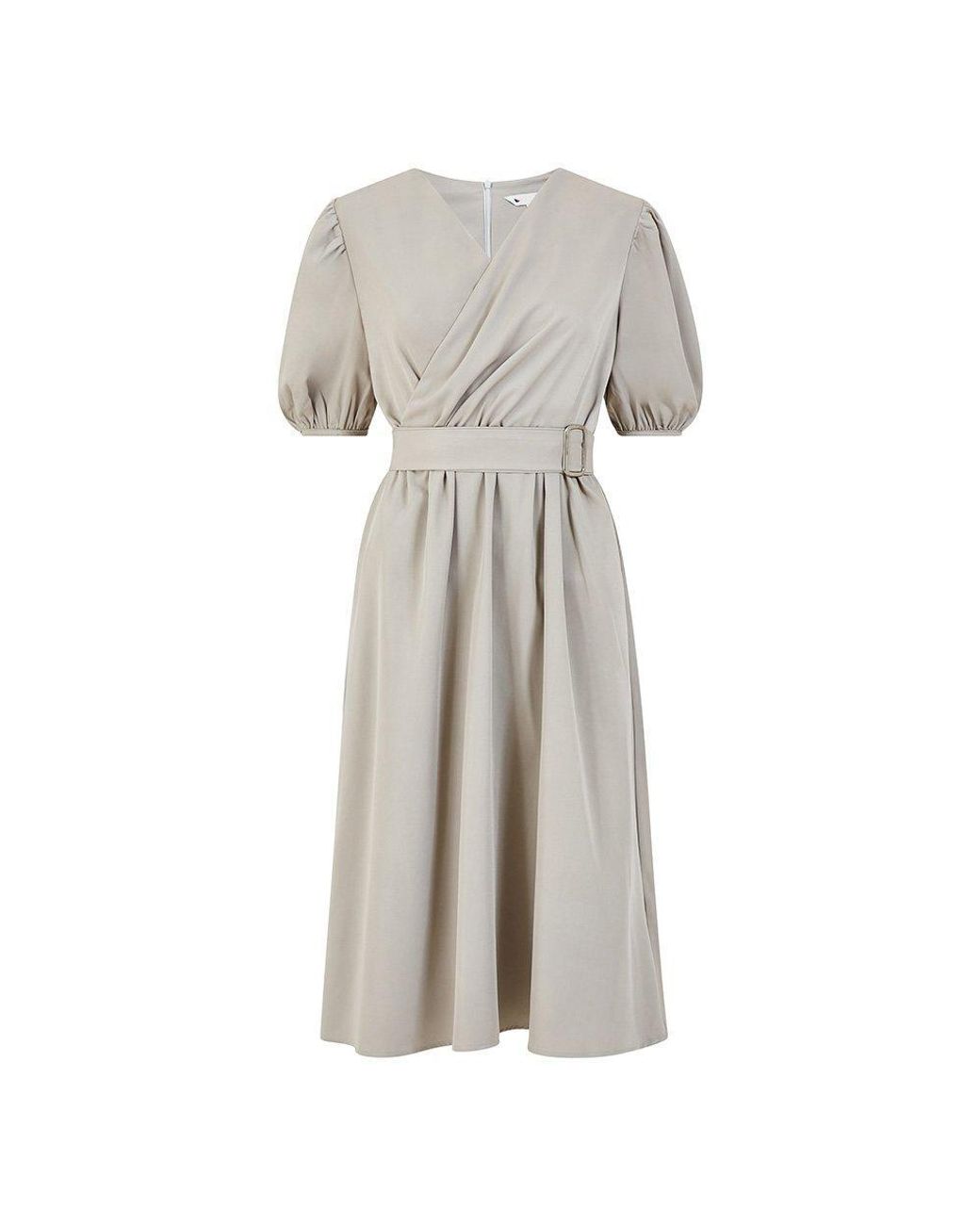 Yumi' Natural Puff Sleeve Belted Midi Dress