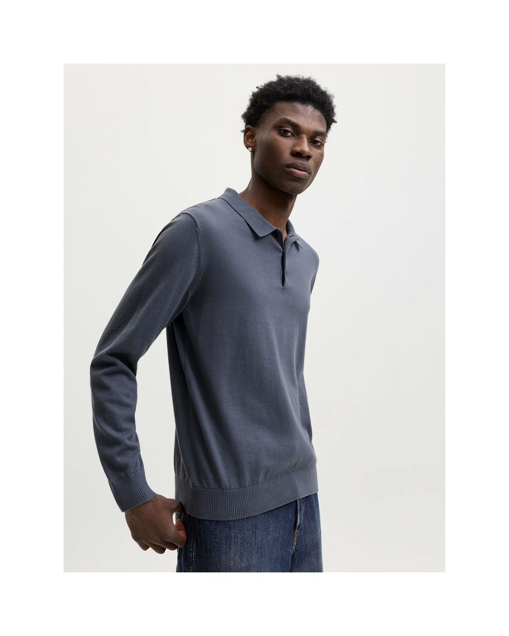 Jack & Jones Blue Basic Cotton Long-Sleeve Polo for men