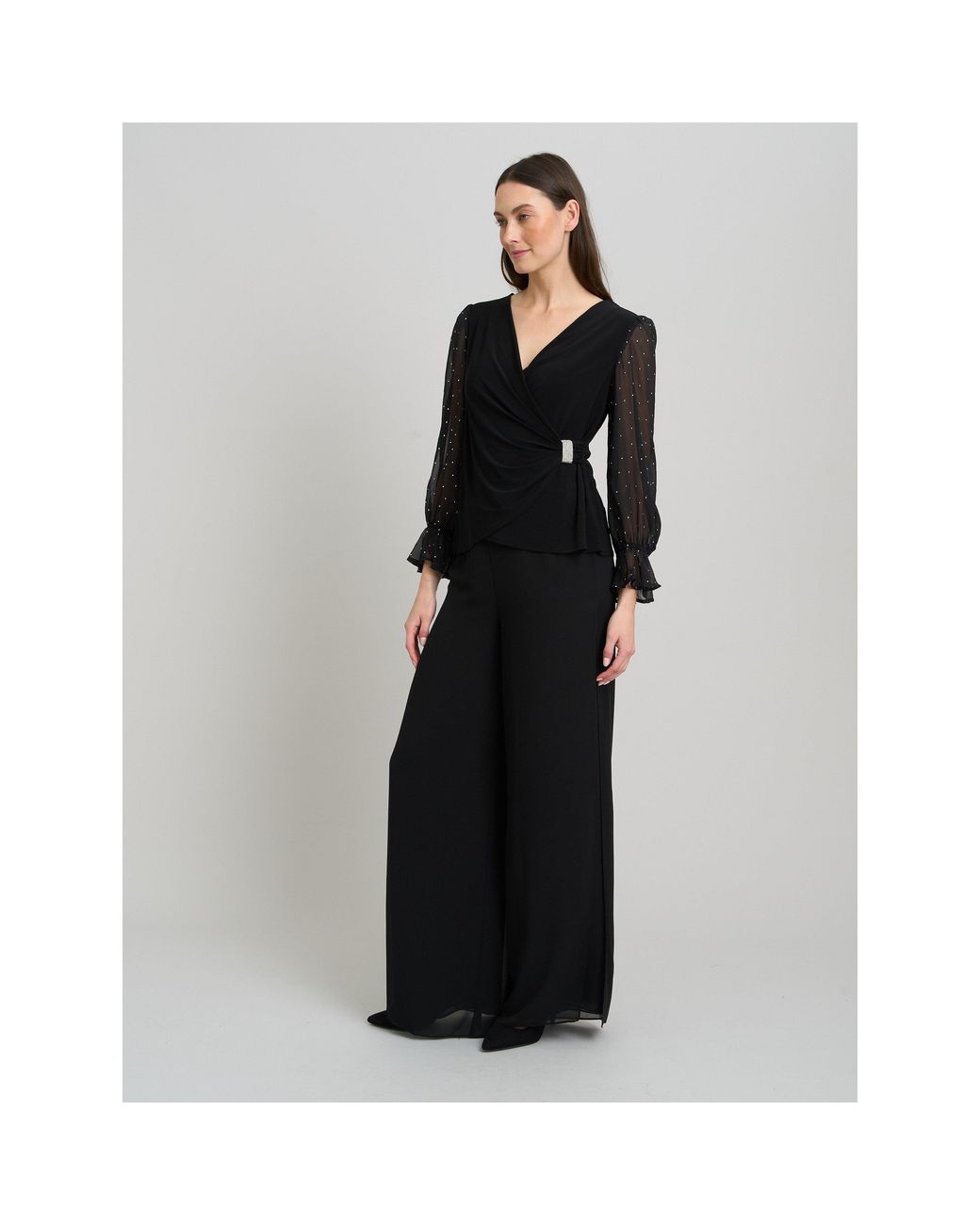 Gina Bacconi Black Jewel Wrap Top With Embellished Sleeves