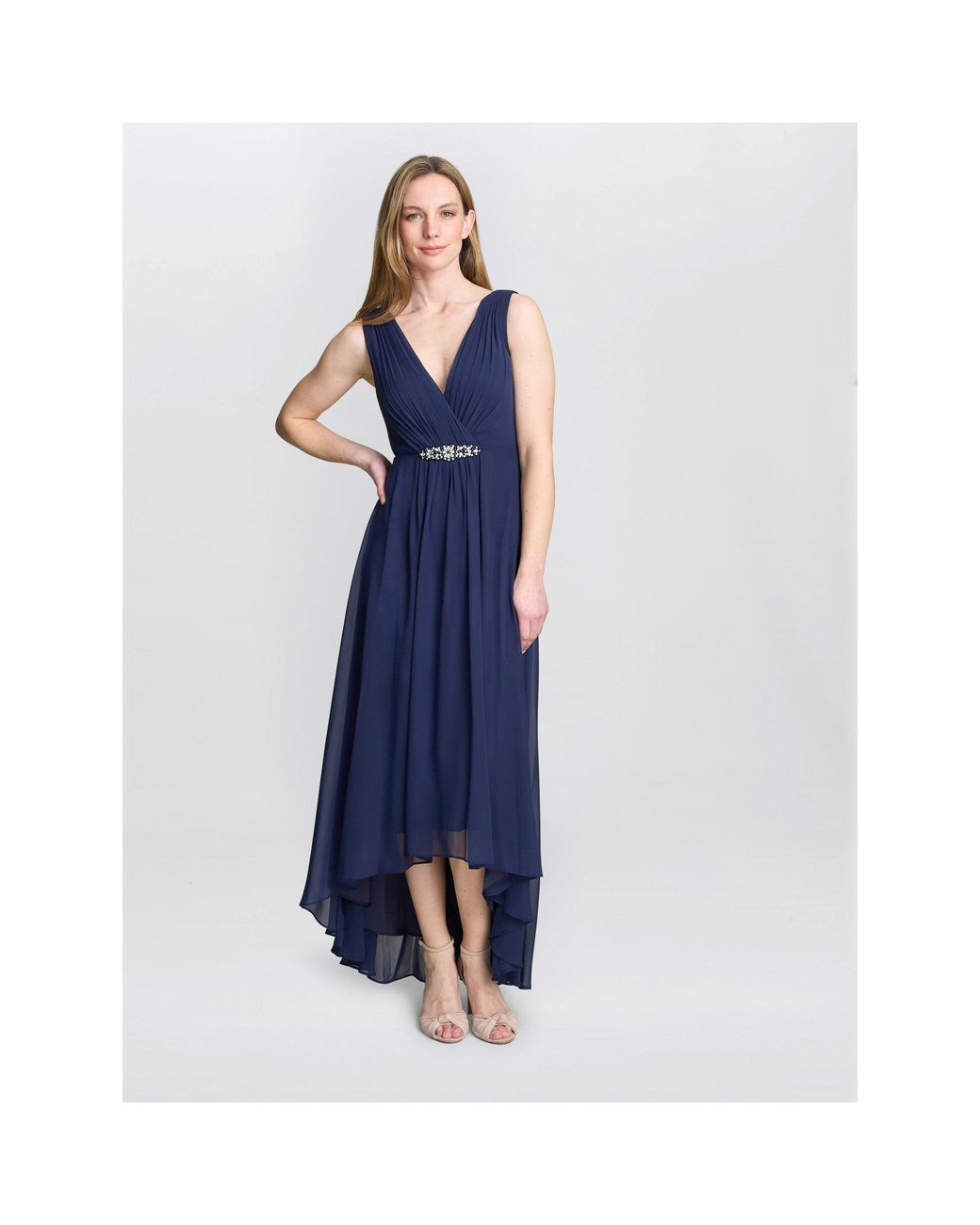 Gina Bacconi Blue Pandora Wrap Effect Hi-Lo Dress