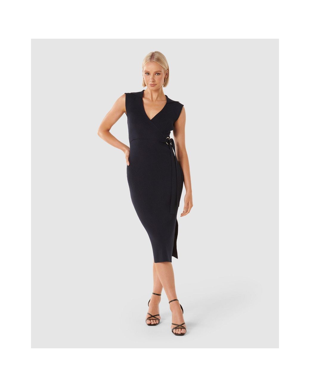 Forever New Blue Liv Sleeveless Collar Wrap Knit Dress