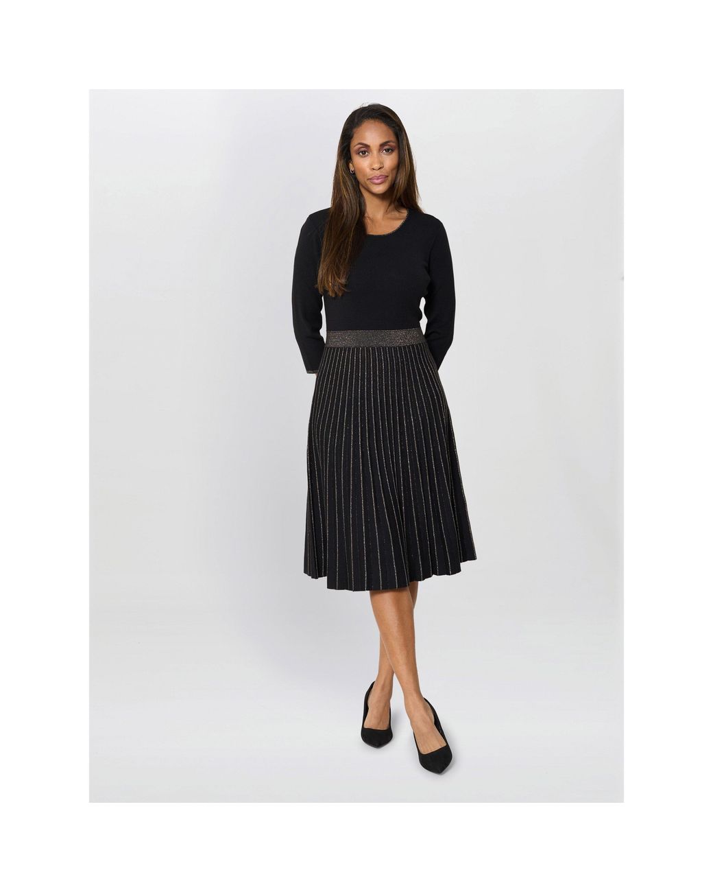 Gina Bacconi Black Apple Pleated Midi Dress