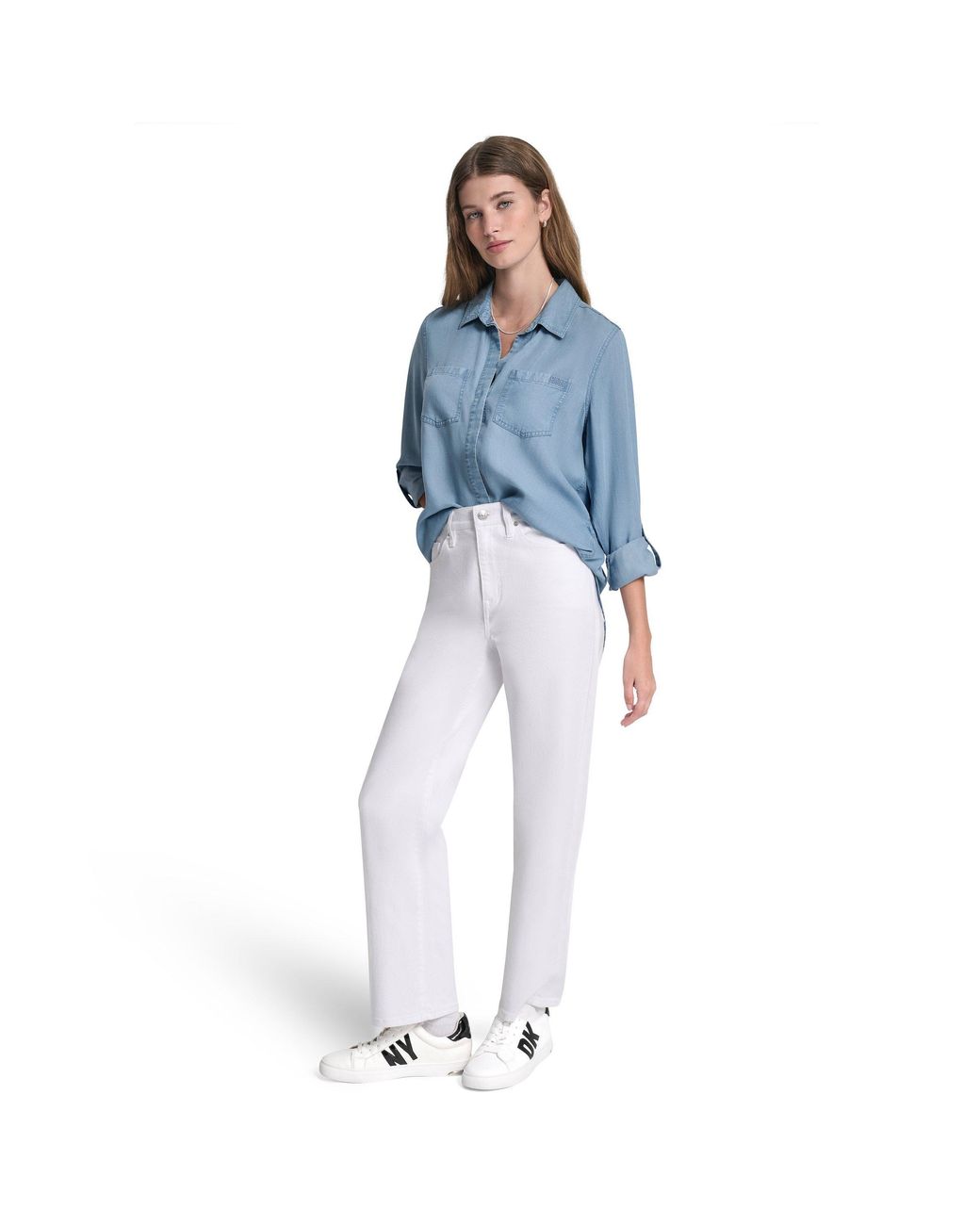 DKNY Blue Jeans Split Back Button Front Tencel Shirt W/ Roll Tab Sleeve
