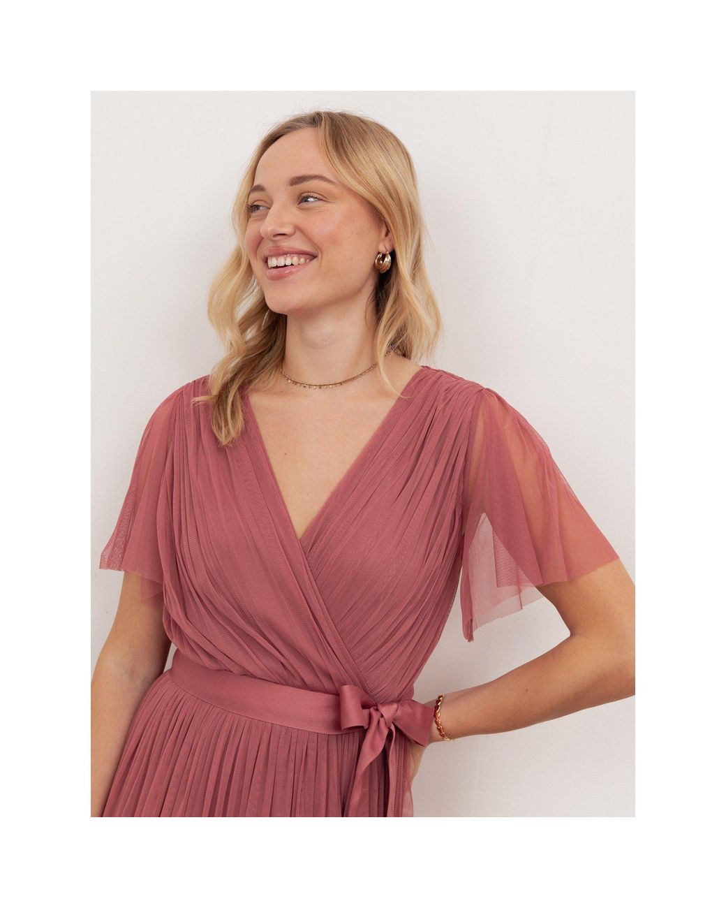 Anaya with love Red Recycled Tulle Faux Wrap Short Sleeve Maxi Dress
