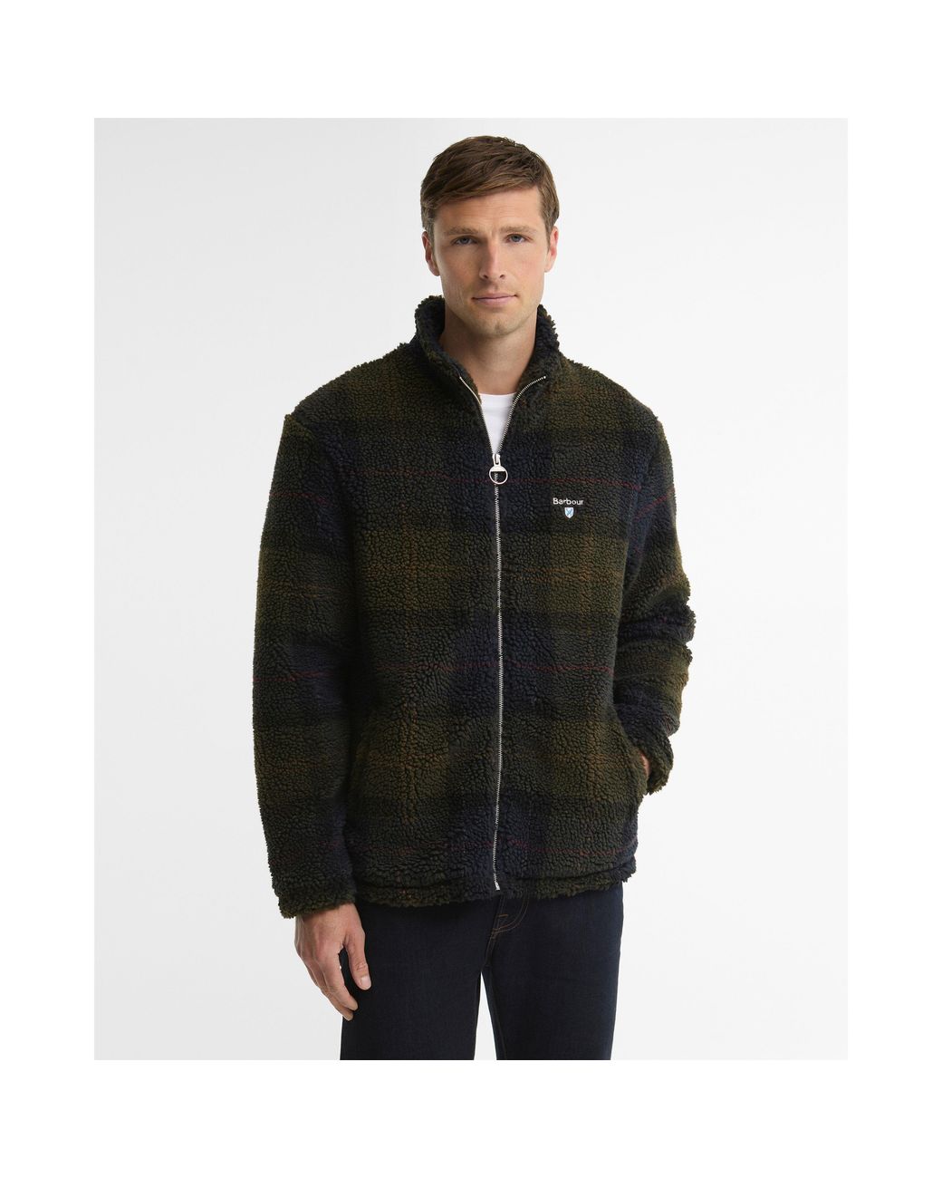 Barbour Black Tartan Full-Zip Teddy Coat for men