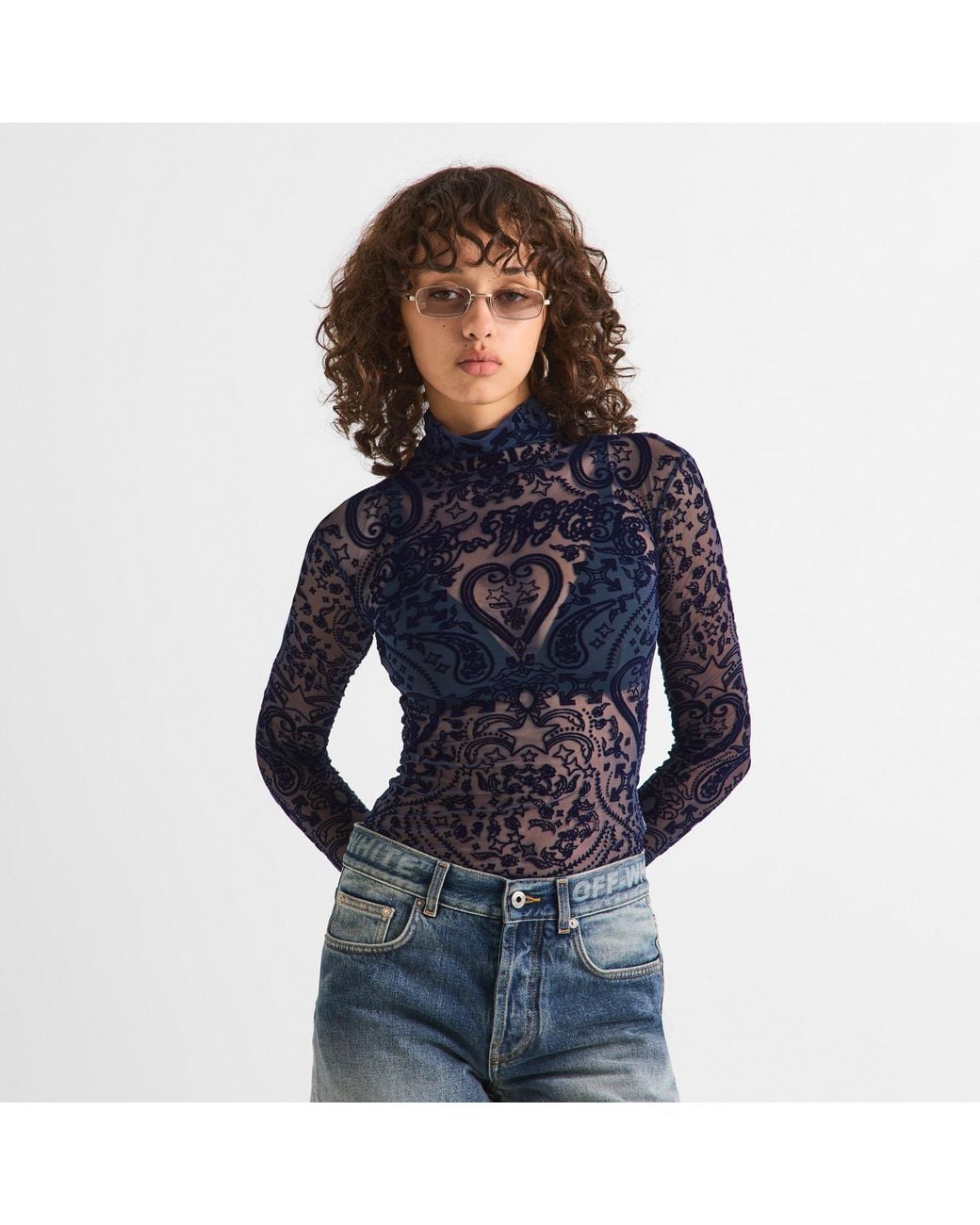 Off-White c/o Virgil Abloh Blue Paisley Turtleneck Slim-Fit Long-Sleeve T-Shirt