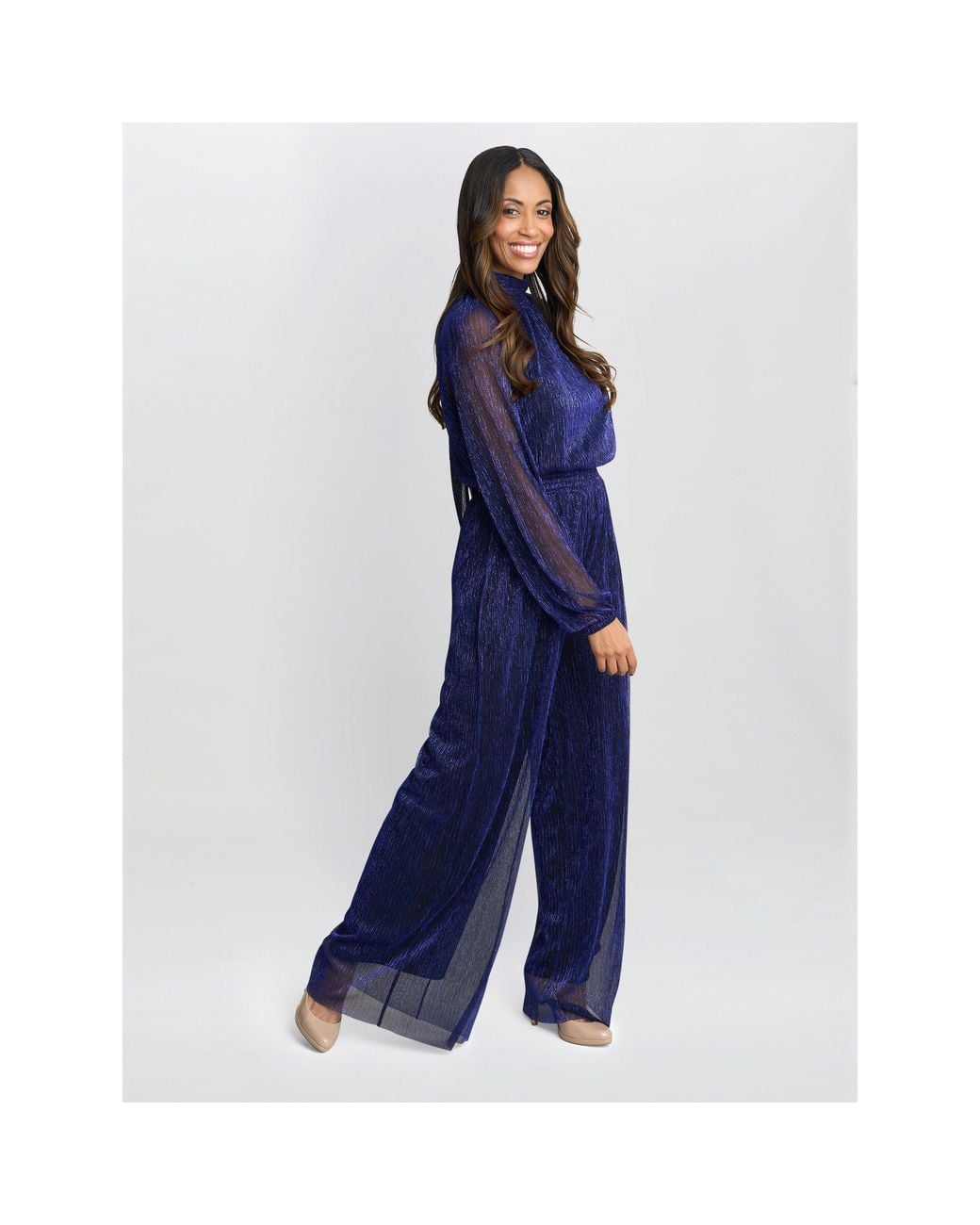 Gina Bacconi Blue Kylie Metallic Knit Jumpsuit