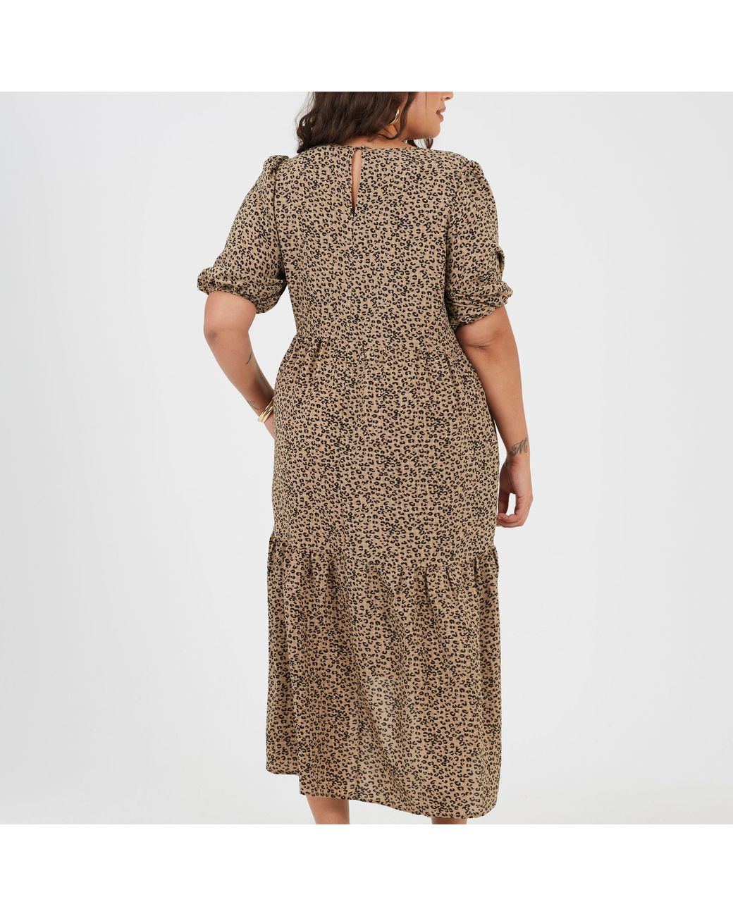 Brave Soul Brown Plus Size Short Sleeve Animal Print Midi Dress With Tiered Hem