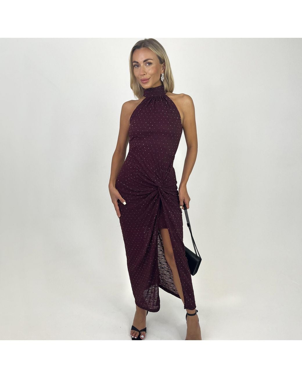 AX Paris Purple Jacquard Diamante Halter Neck Knot Skirt Midi Dress