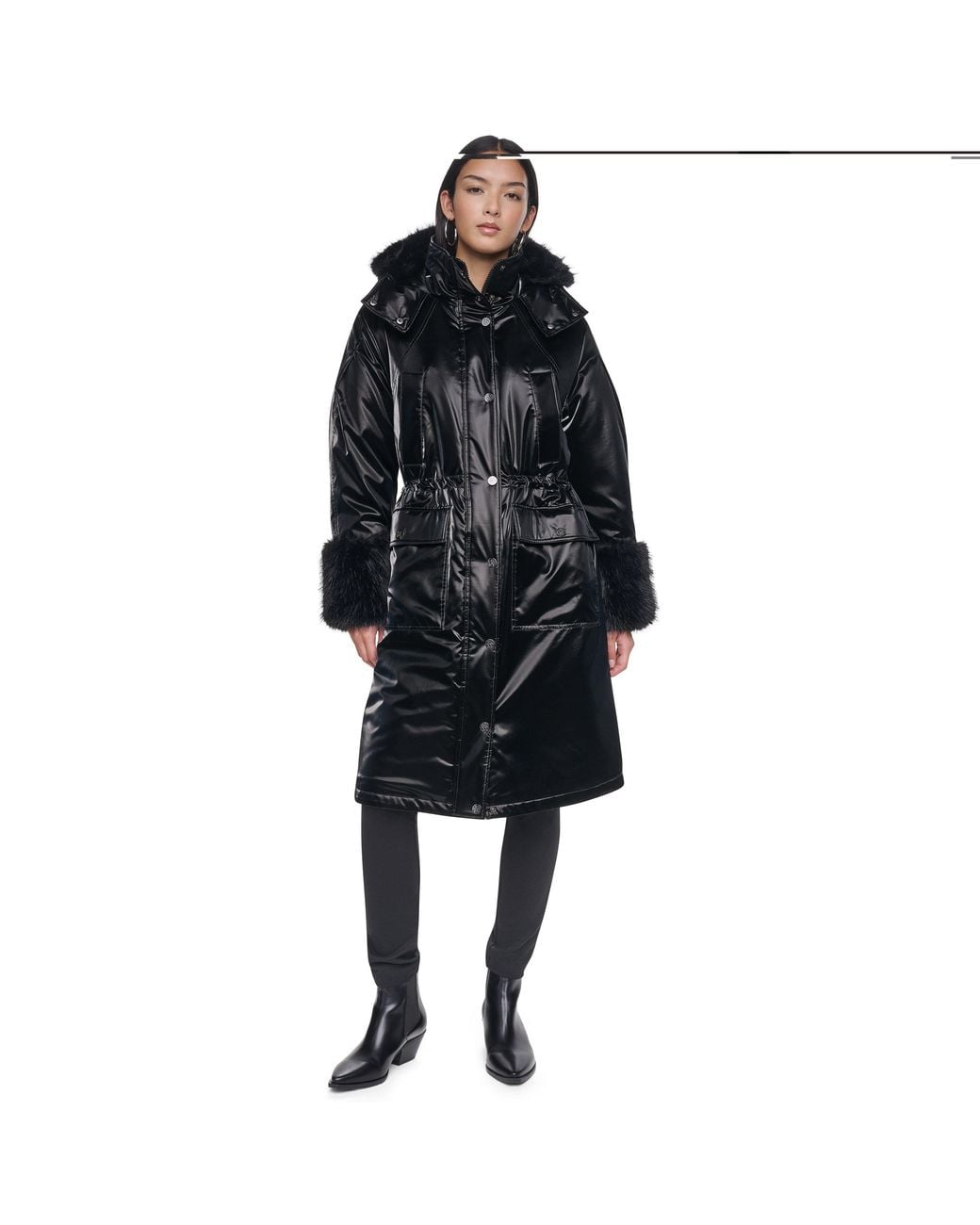 DKNY Black Sportswear Faux Fur Long Jacket
