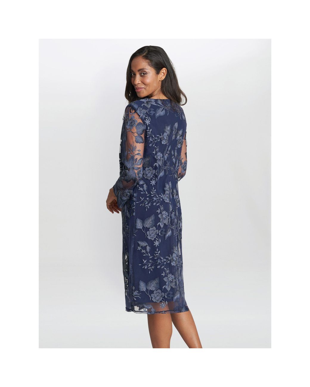 Gina Bacconi Blue Savoy Embroidered Lace Mock Jacket Dress