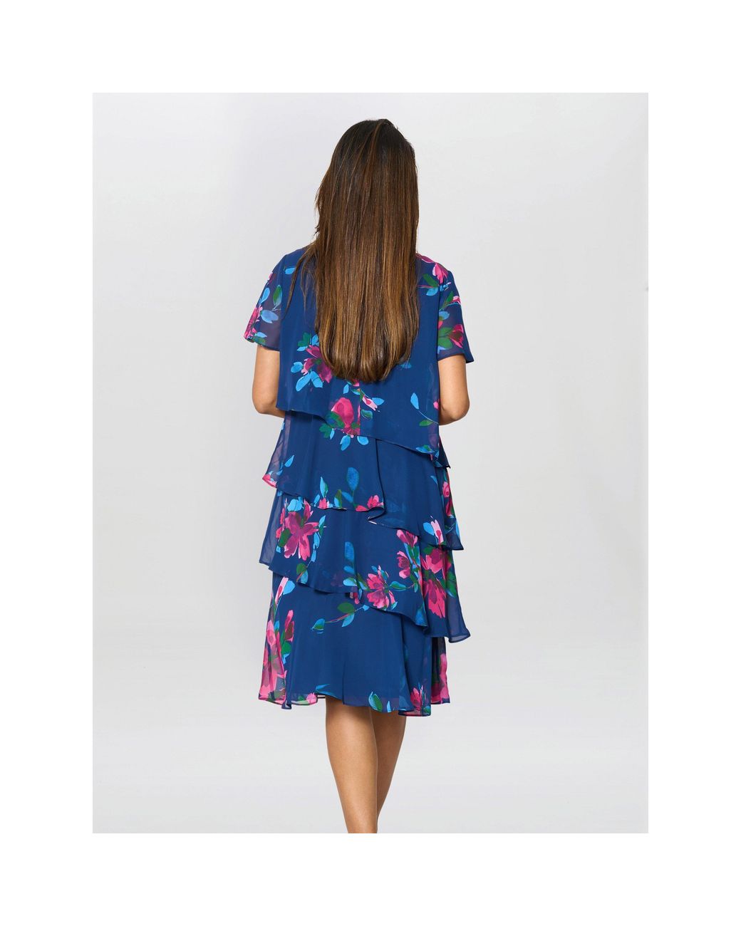 Gina Bacconi Blue Talie Tiered Floral Chiffon Dress