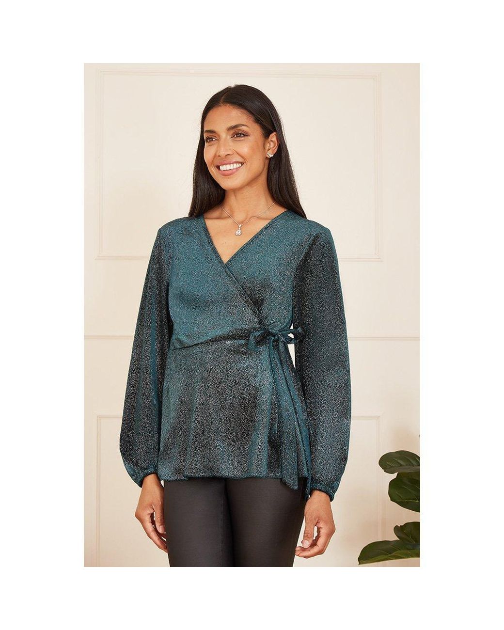 Yumi' Green Sparkle Velvet Wrap Top