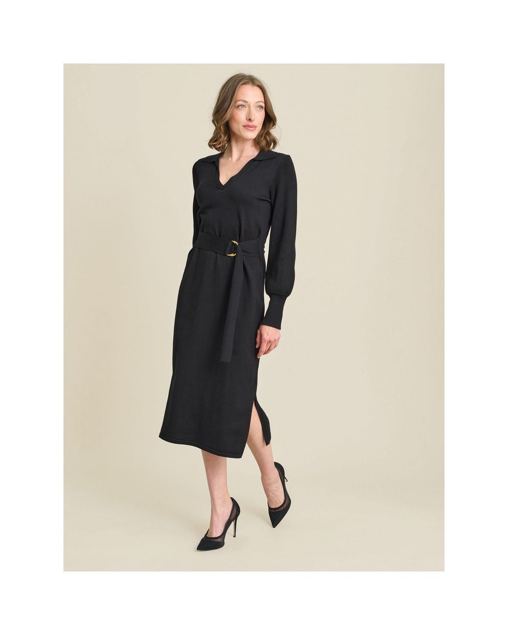 Gina Bacconi Natural Tia Midi Dress With Belt & Long Sleeves