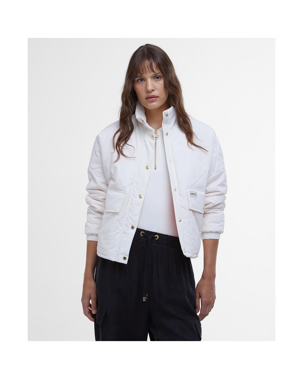Barbour White Zola Long Sleeve Stand Collar Quilted Jacket