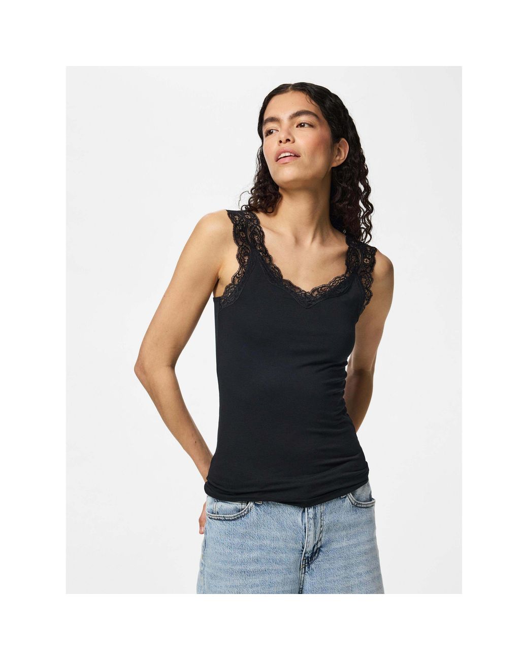 Pieces Black Barbera Lace V-Neck Sleeveless Slim-Fit Tank Top