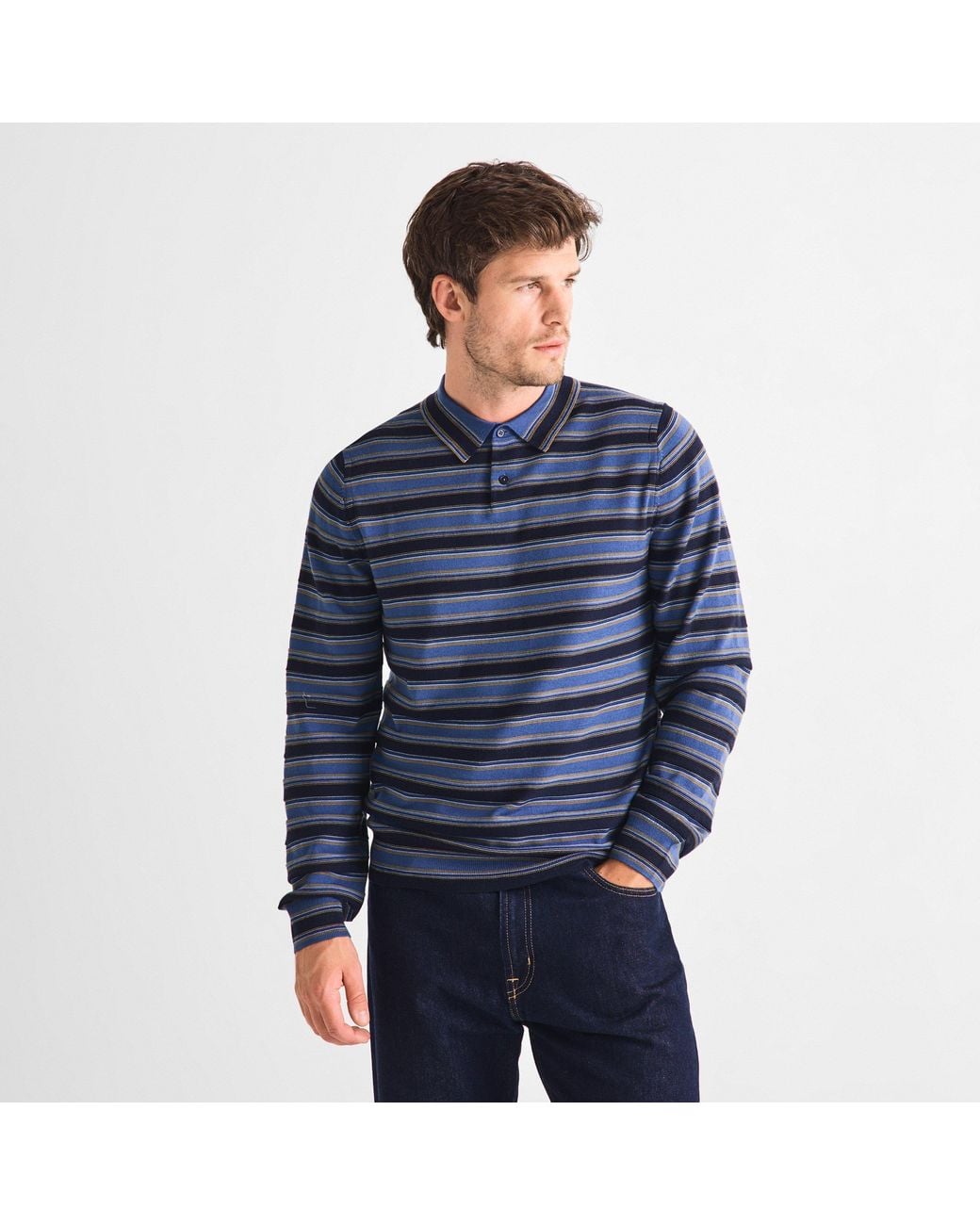 Paul Smith Blue Striped Merino Wool Long-Sleeve Knitted Polo Shirt for men