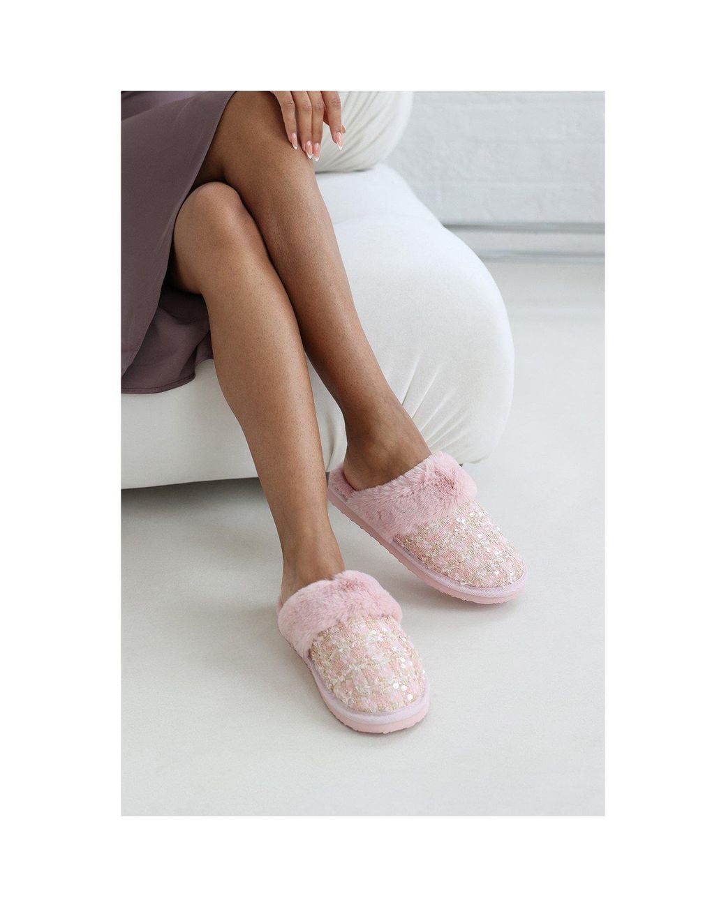 Where's That From Brown Where's Sequin Tweed Mule Slippers With Faux Fur Trim