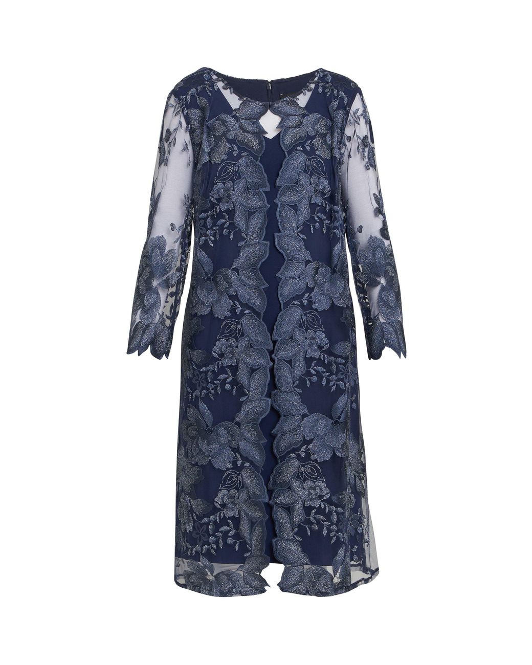 Gina Bacconi Blue Savoy Embroidered Lace Mock Jacket Dress