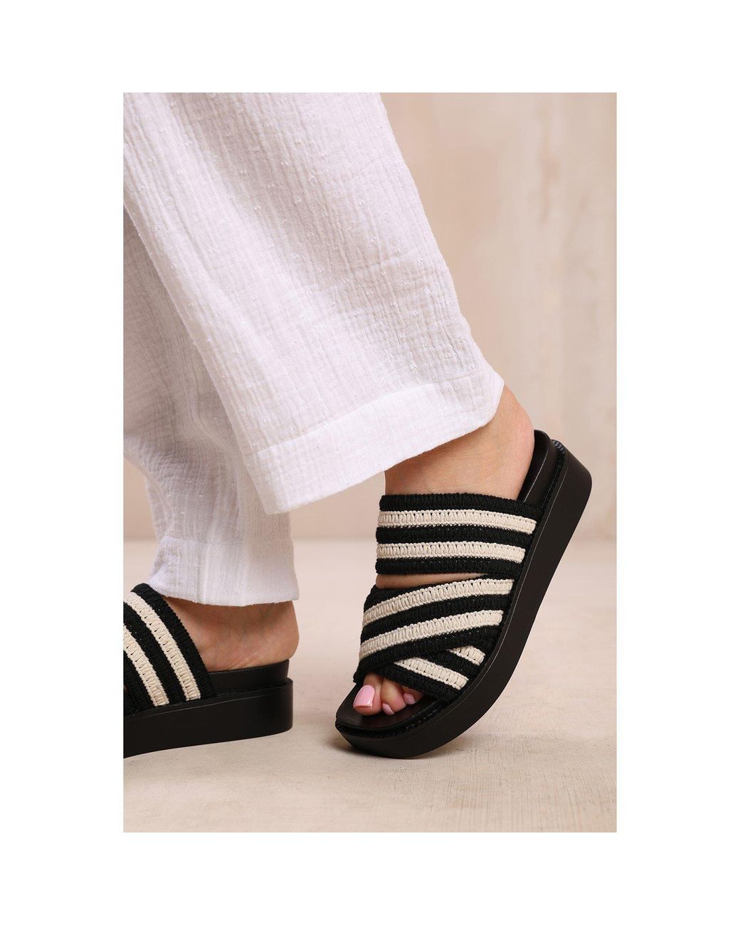 Where's That From Black Contrast Strap Flat Sandal