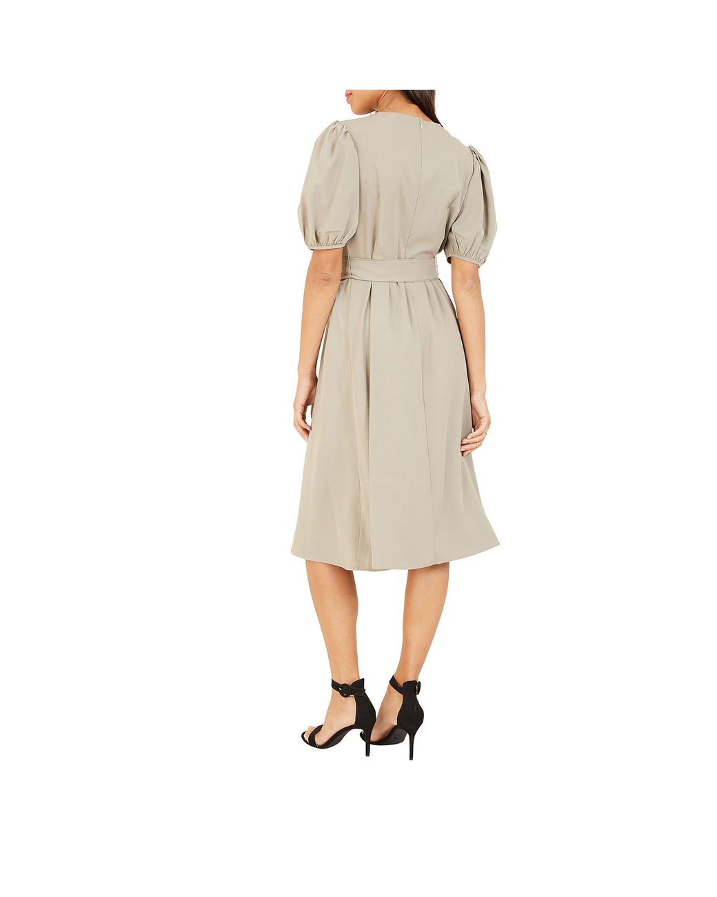 Yumi' Natural Puff Sleeve Belted Midi Dress