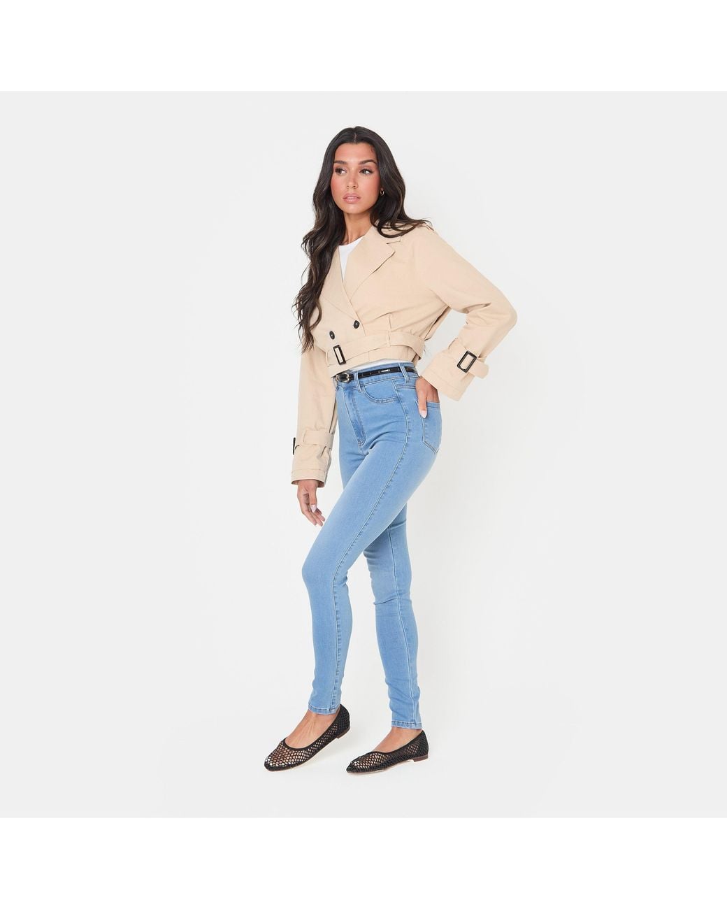 I Saw It First Blue Cropped Belted Long Sleeve Trench Coat