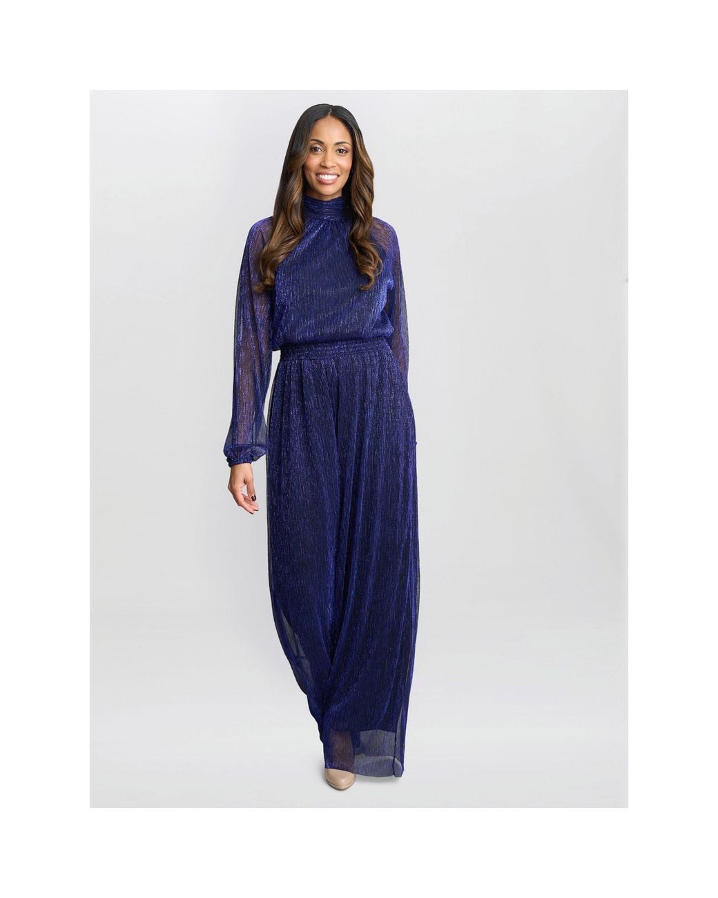 Gina Bacconi Blue Kylie Metallic Knit Jumpsuit