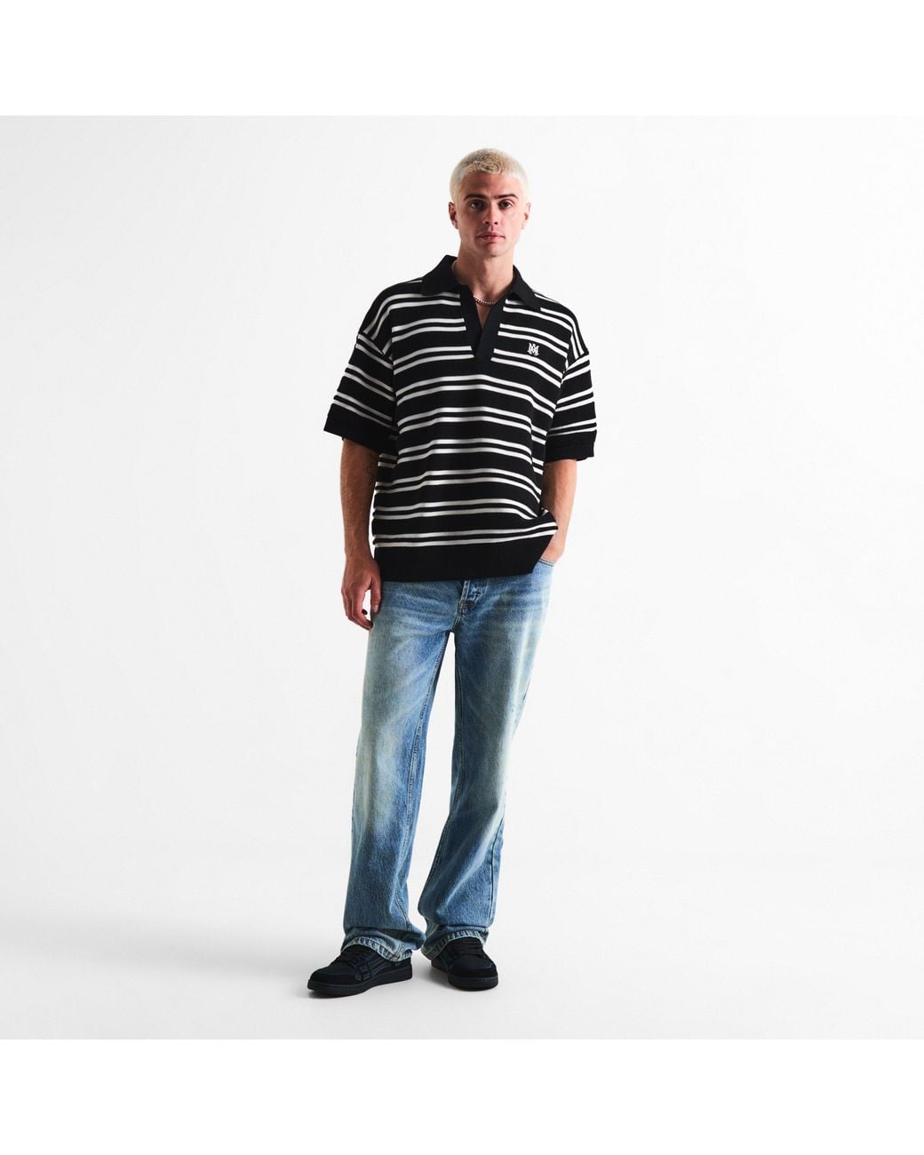 Amiri Black Ma Chateau Striped Cotton Short-Sleeve Polo