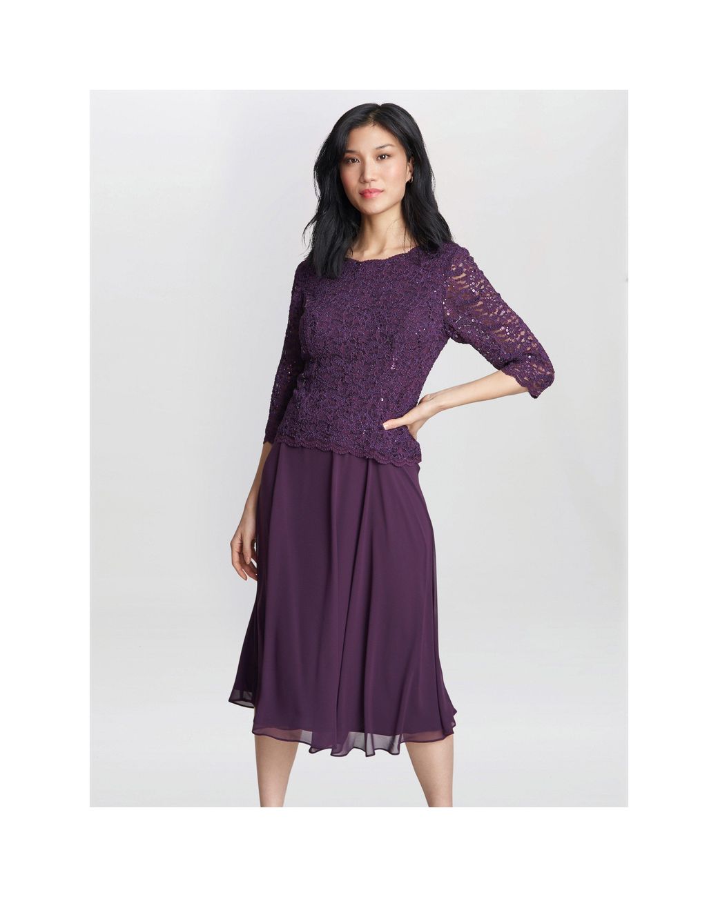 Gina Bacconi Purple Rona Midi-Length Dress With Lace Bodice
