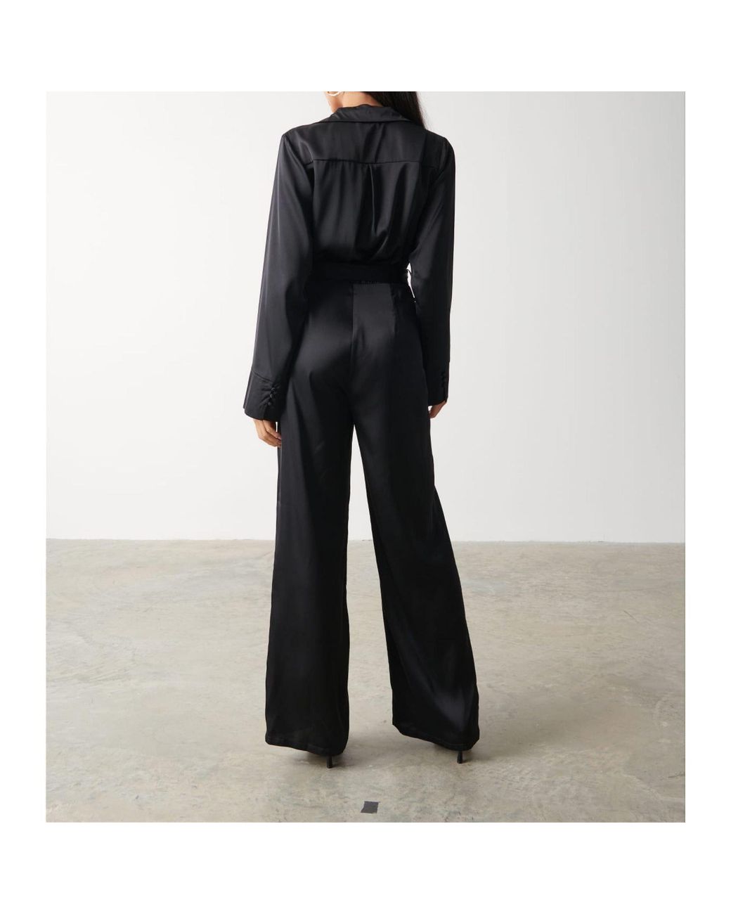 Pretty Lavish Black Carmen Collared Satin Long-Sleeve Jumpsuit