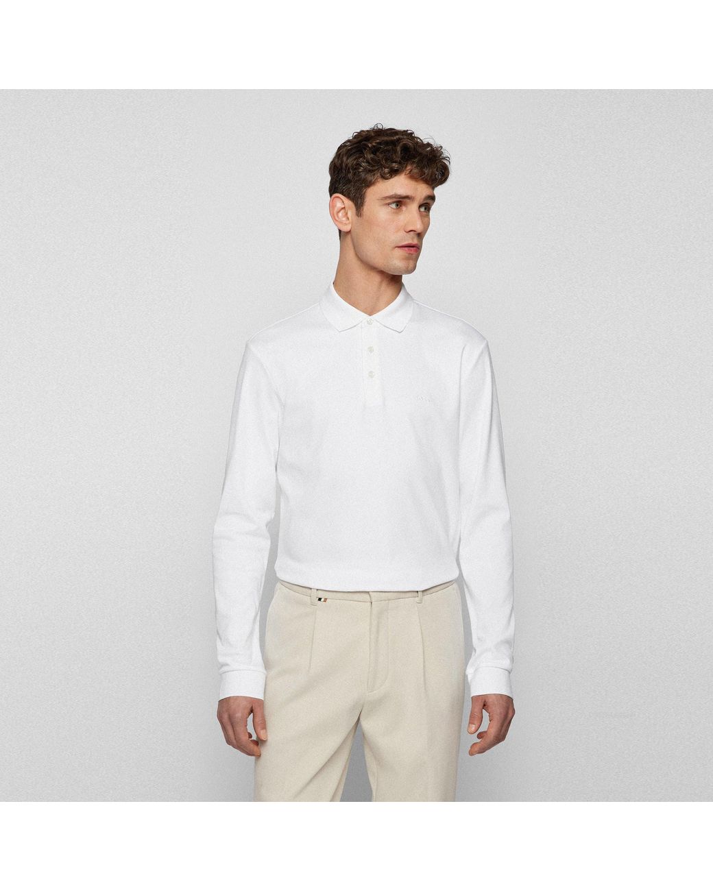 Boss White Hbb Pado 30 Long-Sleeve Polo Shirt, Iconic Logo Embroidered for men