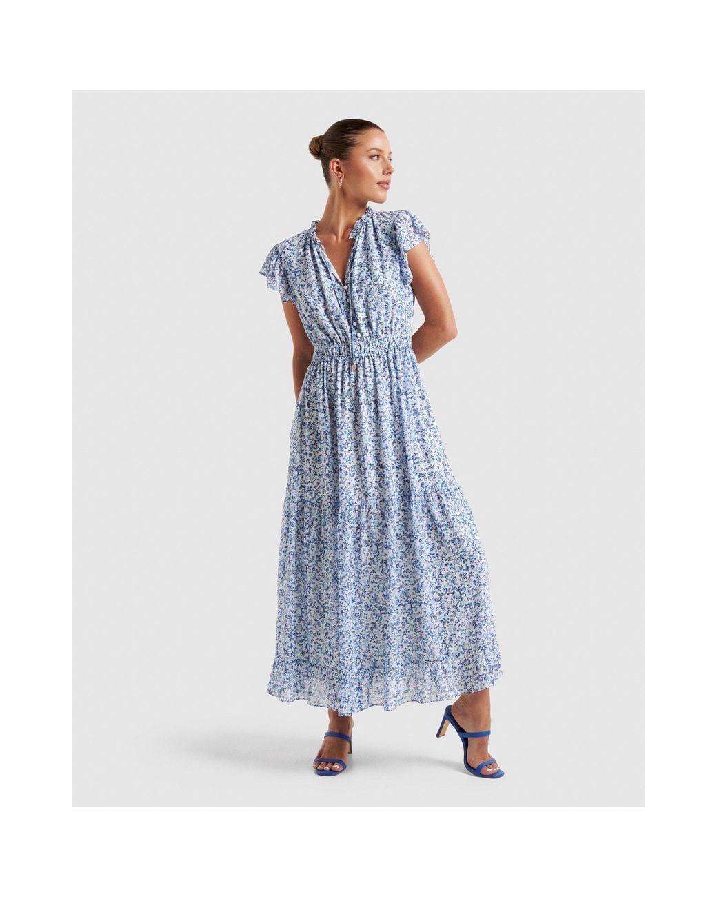 Forever New Blue Fleur Flutter Sleeve Midi Dress