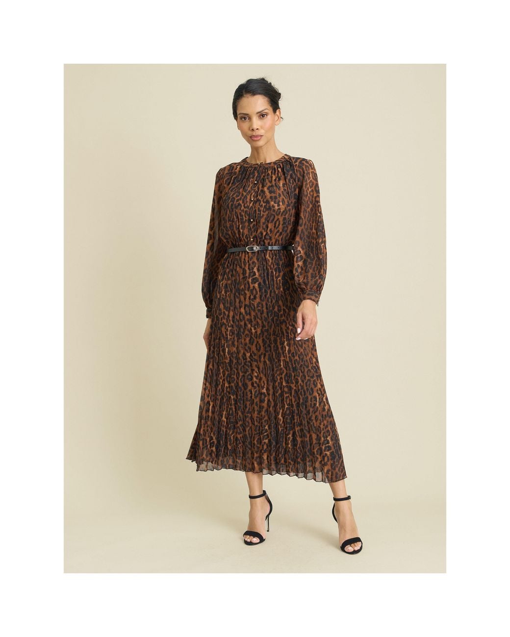 Gina Bacconi Natural Yasmina Chiffon Belted Jewel Neck Animal Dress