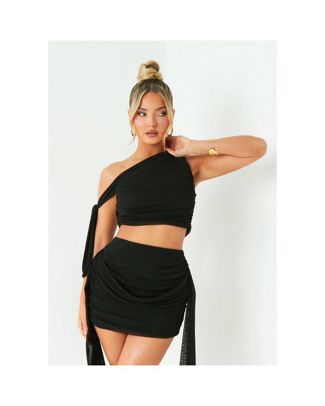 Missy Empire Black One Shoulder Tie Detail Mesh Crop Top