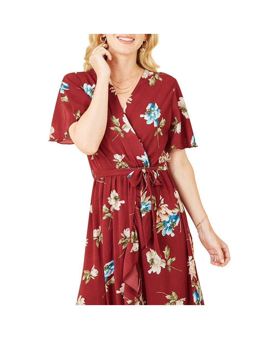 Mela London Red Floral Dip Hem Midi Wrap Dress
