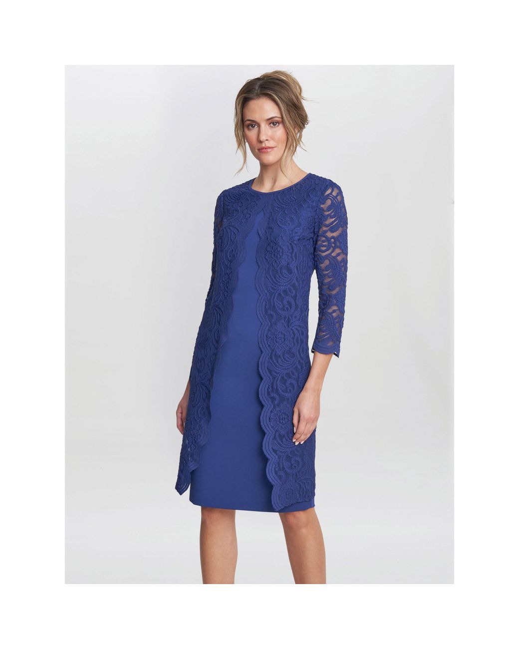 Gina Bacconi Blue Clarabelle Mock Lace Jacket Crepe Dress