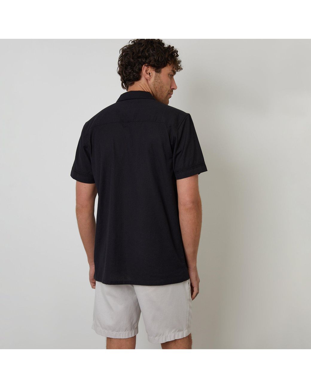 Threadbare Black Linen Blend Lace Trim Relaxed Fit Shirt for men