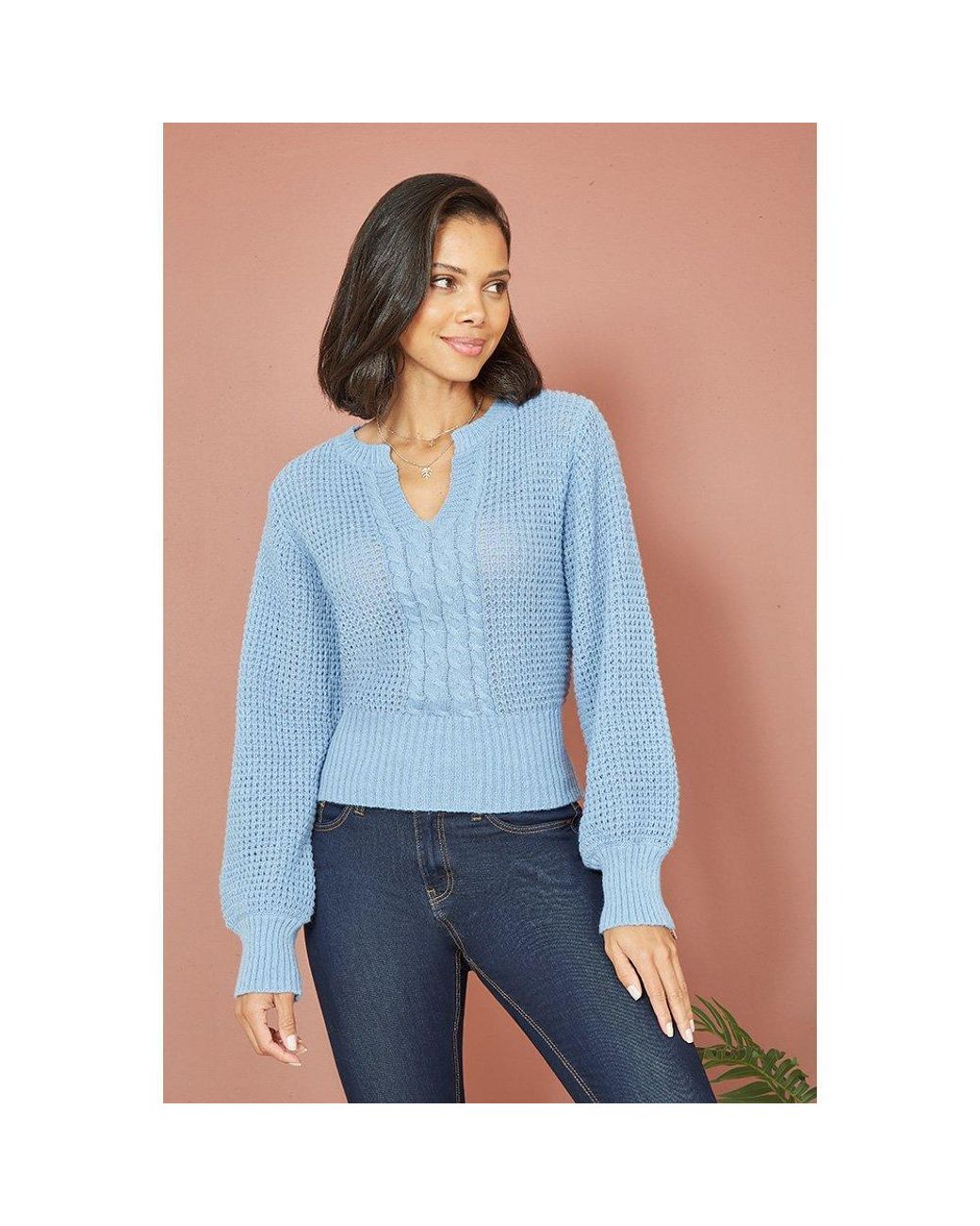 Yumi' Blue Balloon Sleeve Cable Knit Jumper