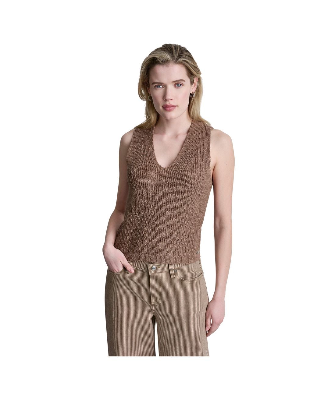 DKNY Brown Sleeveless V-Neck Rib Slub Sweater