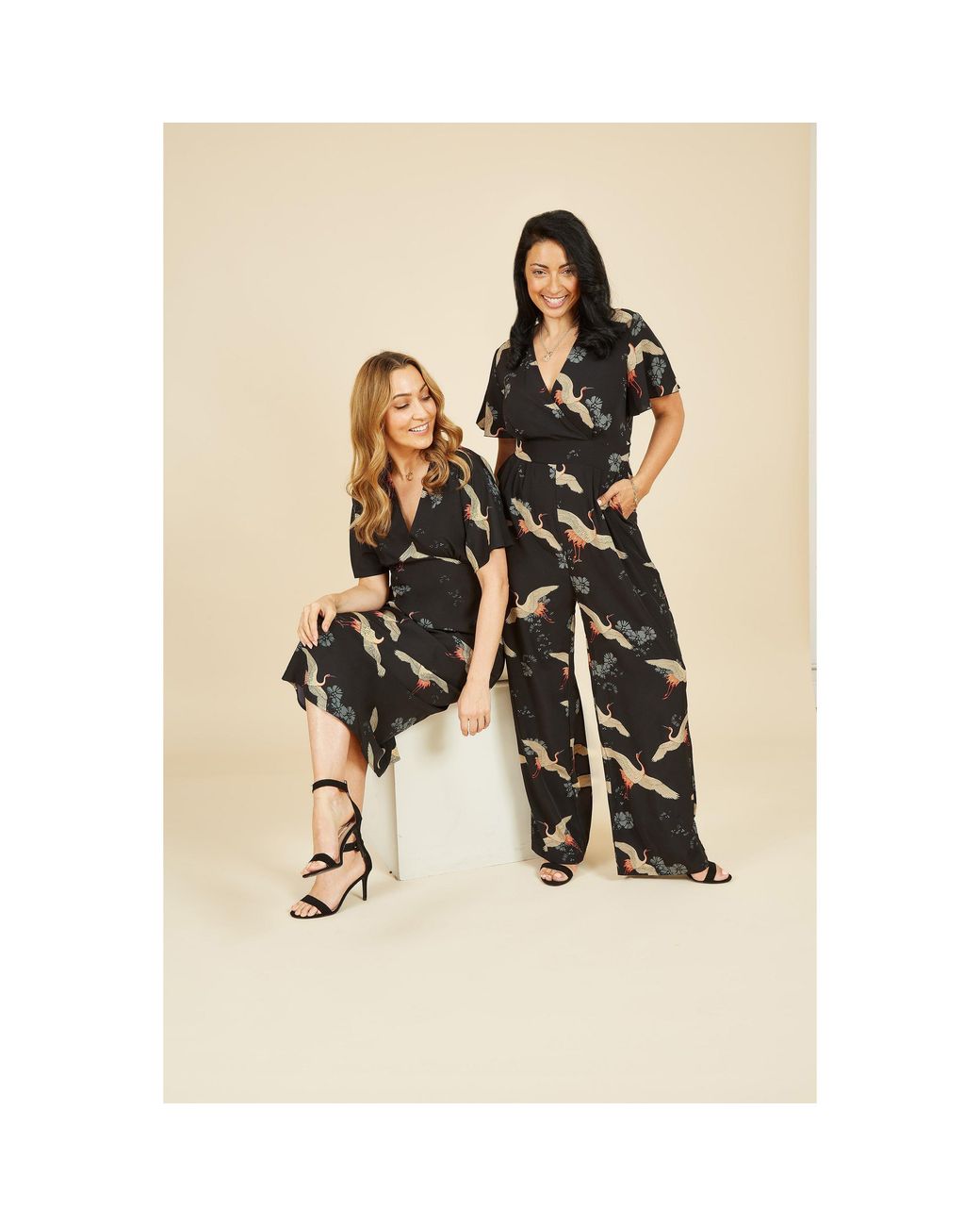 Yumi' White Crane Print Jumpsuit