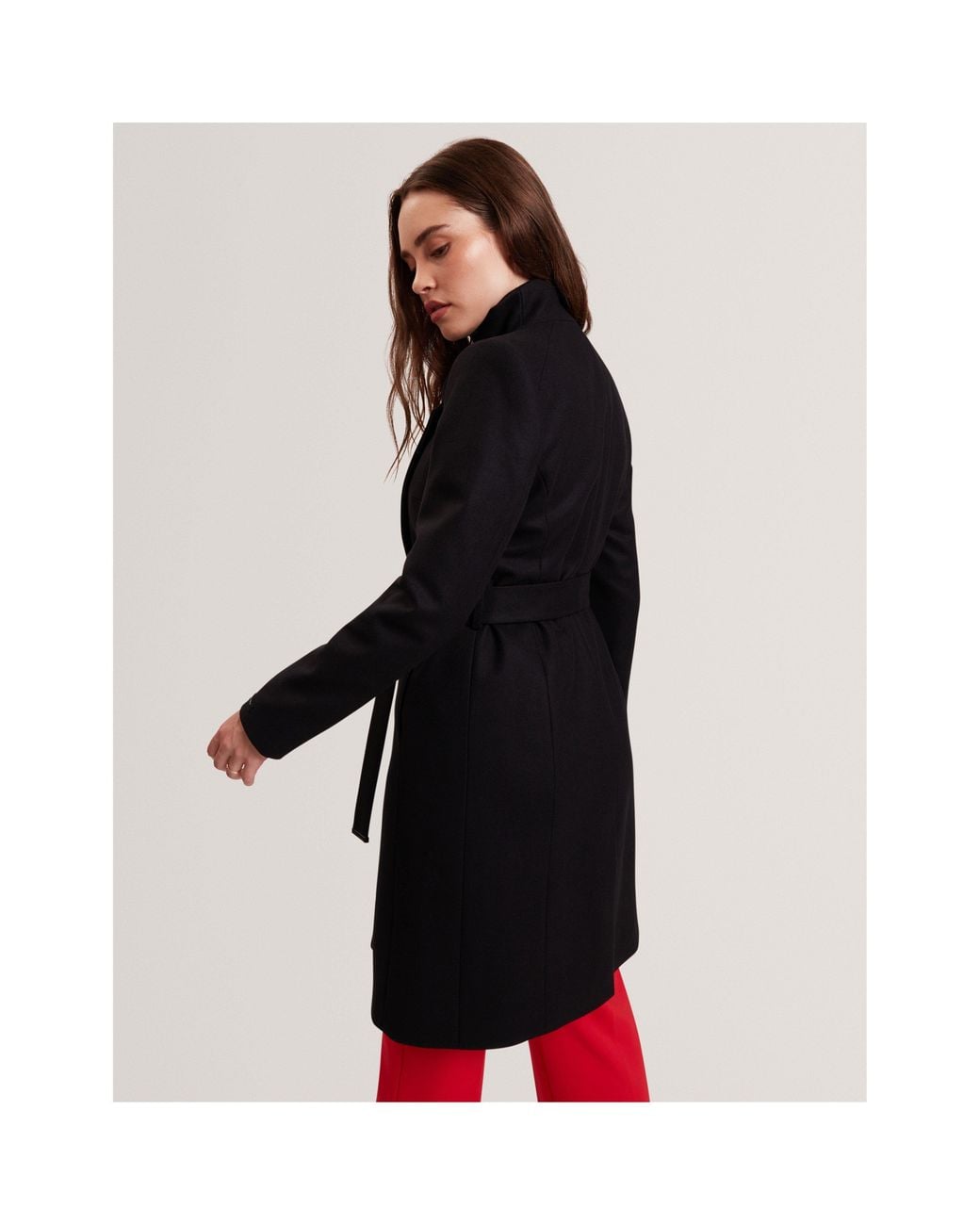 Ted Baker Black Rose Belted Midi Wool Long Sleeve Coat